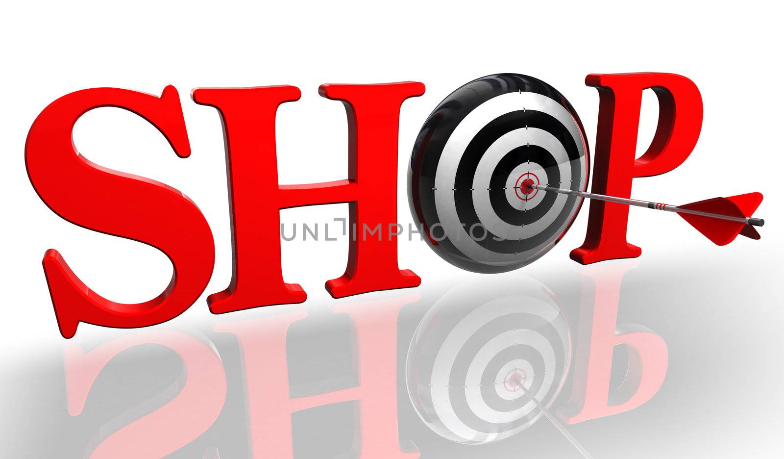 shop red word with concept target and arrow on white background clipping path included