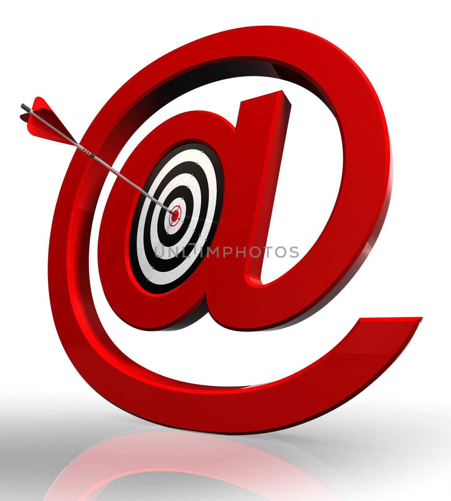 email red symbol and concept target with arrow on white background clipping path included