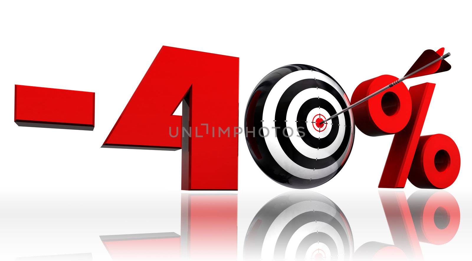 forty per cent 40% red discount symbol with conceptual target and arrow on white background.clipping path included