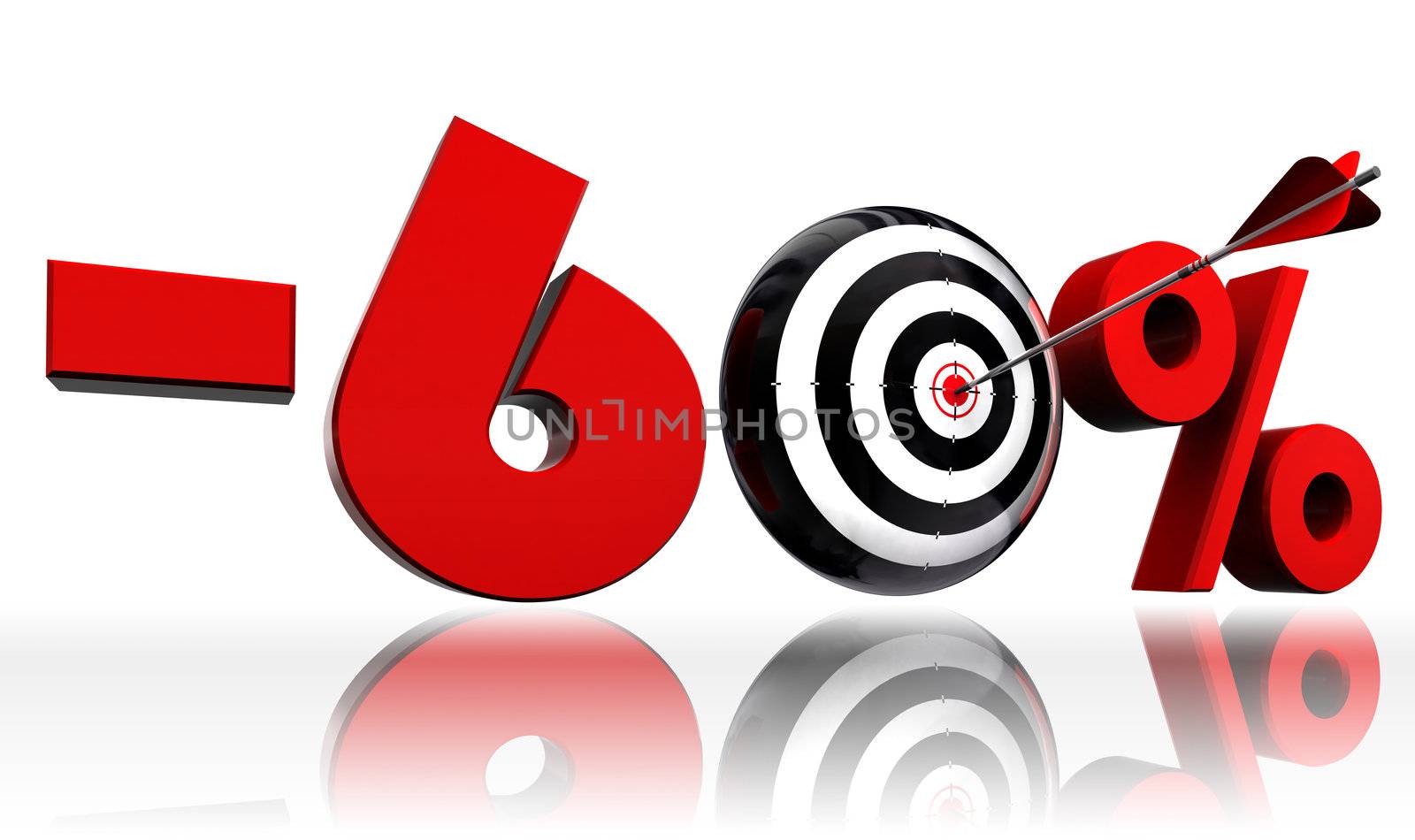sixty per cent 60% red discount symbol with conceptual target and arrow on white background.clipping path included