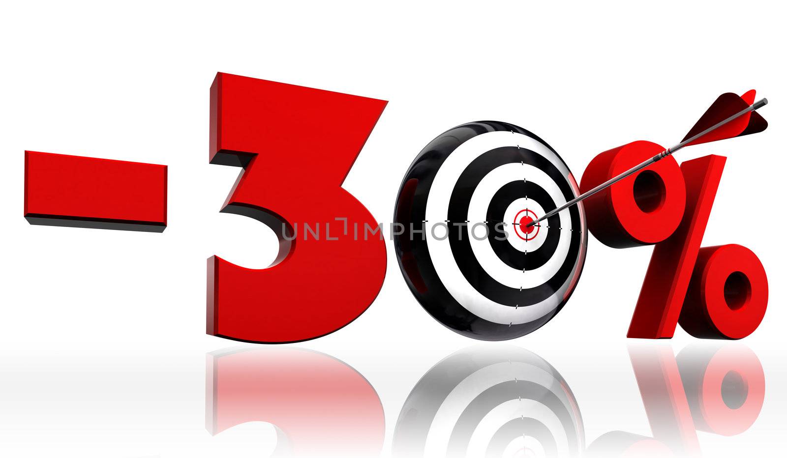 thirty per cent 30% red discount symbol with conceptual target and arrow on white background.clipping path included