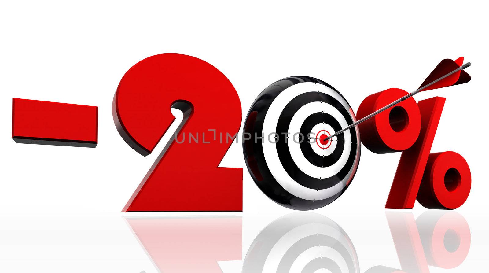 twenty per cent 20% red discount symbol with conceptual target and arrow on white background.clipping path included