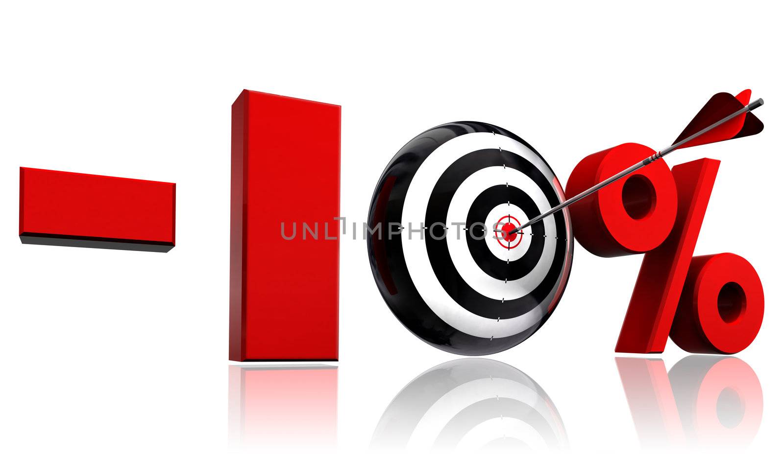 ten per cent 10% red discount symbol with conceptual target and arrow on white background.clipping path included