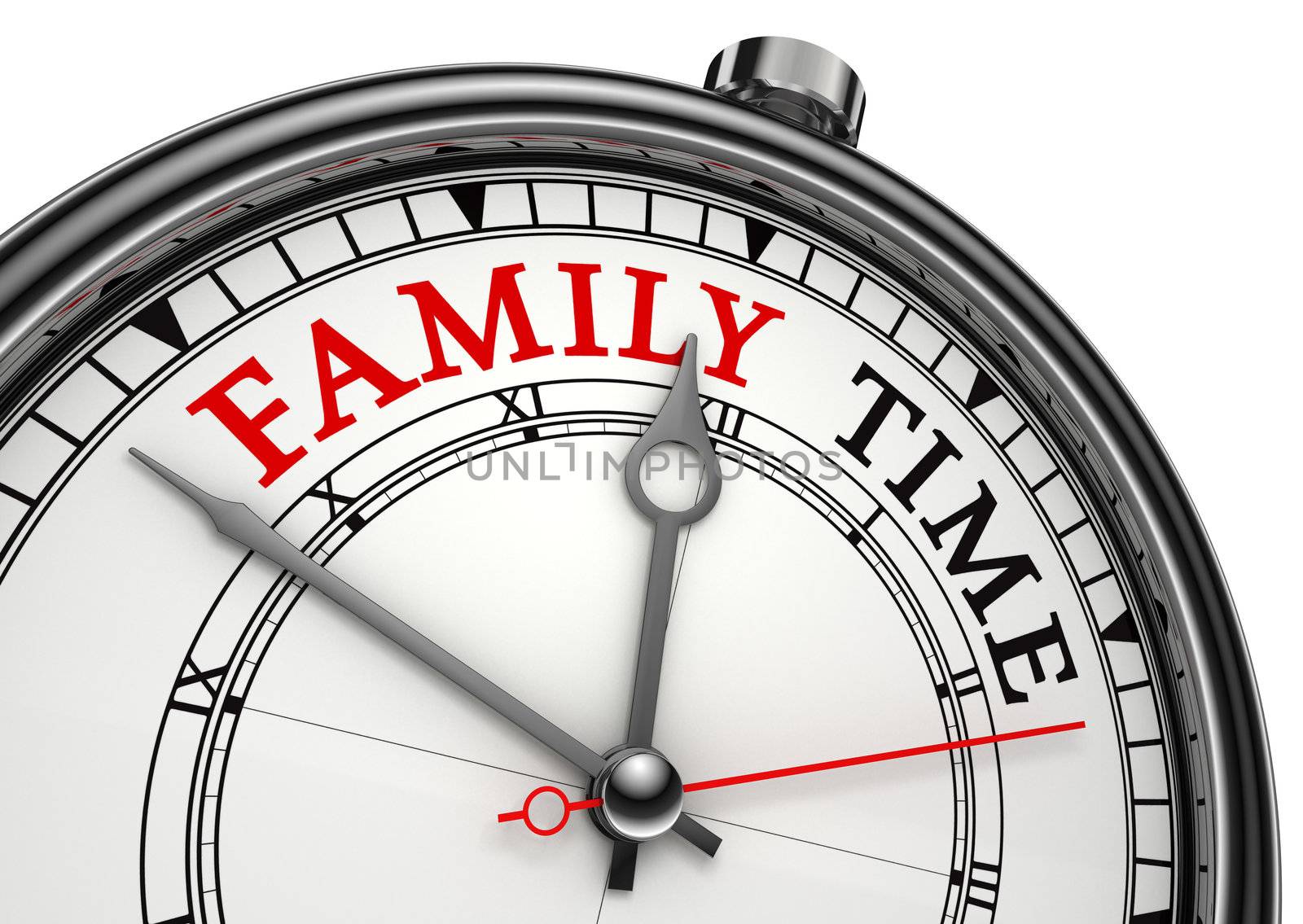 family time concept clock closeup isolated on white background with red and black words