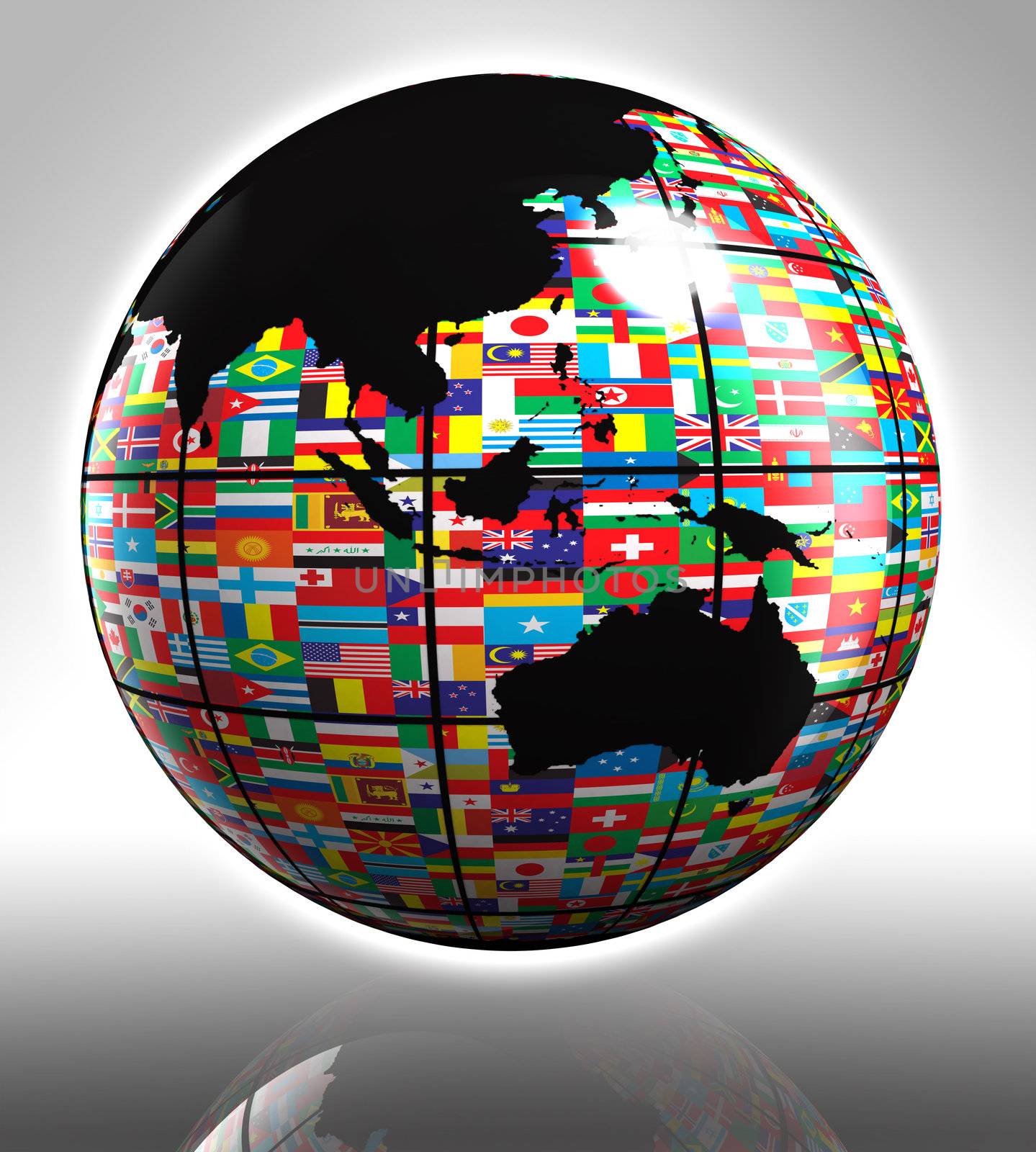 earth globe with flags featuring australia and asia