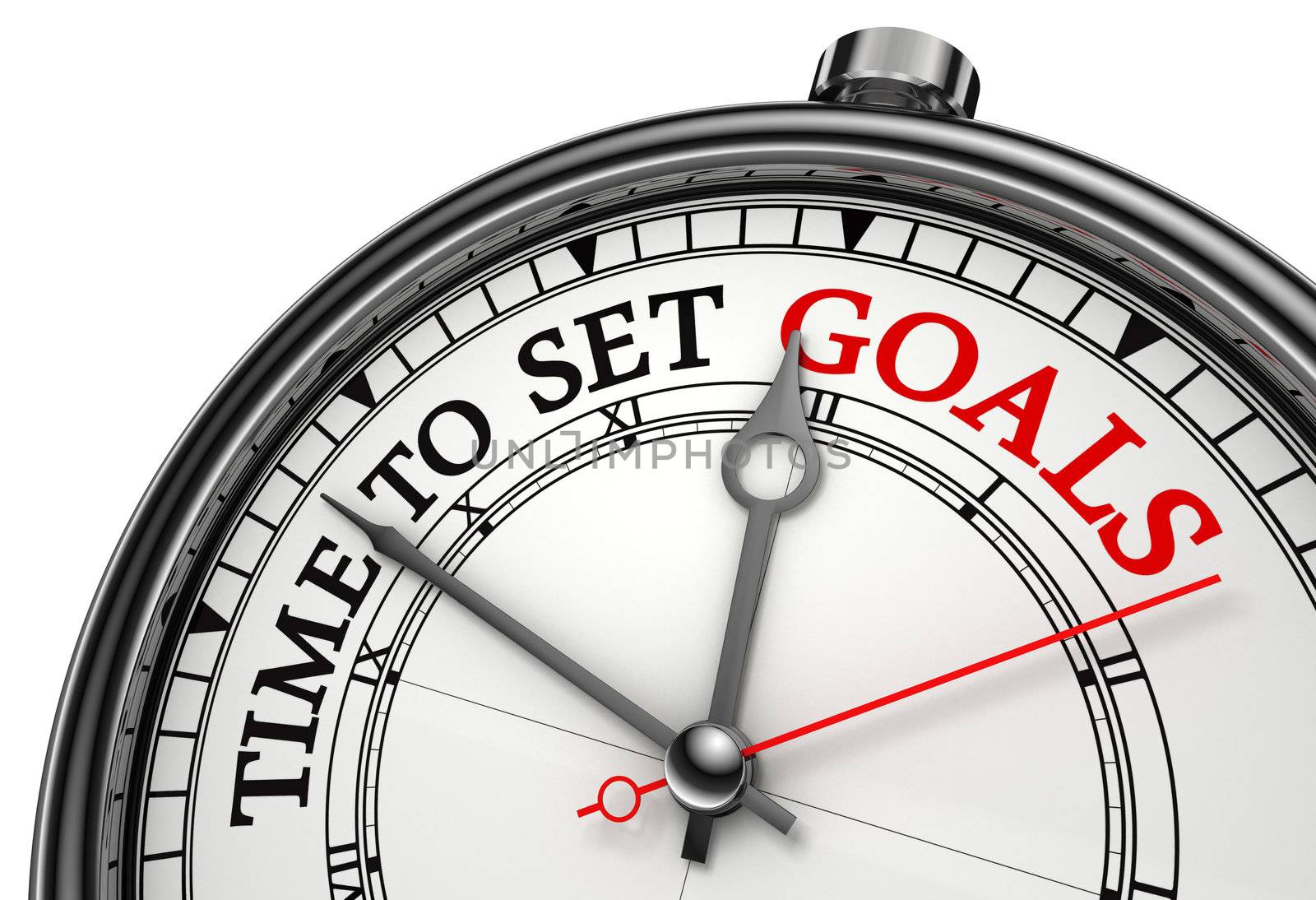 time to set goals concept clock closeup isolated on white background with red and black words