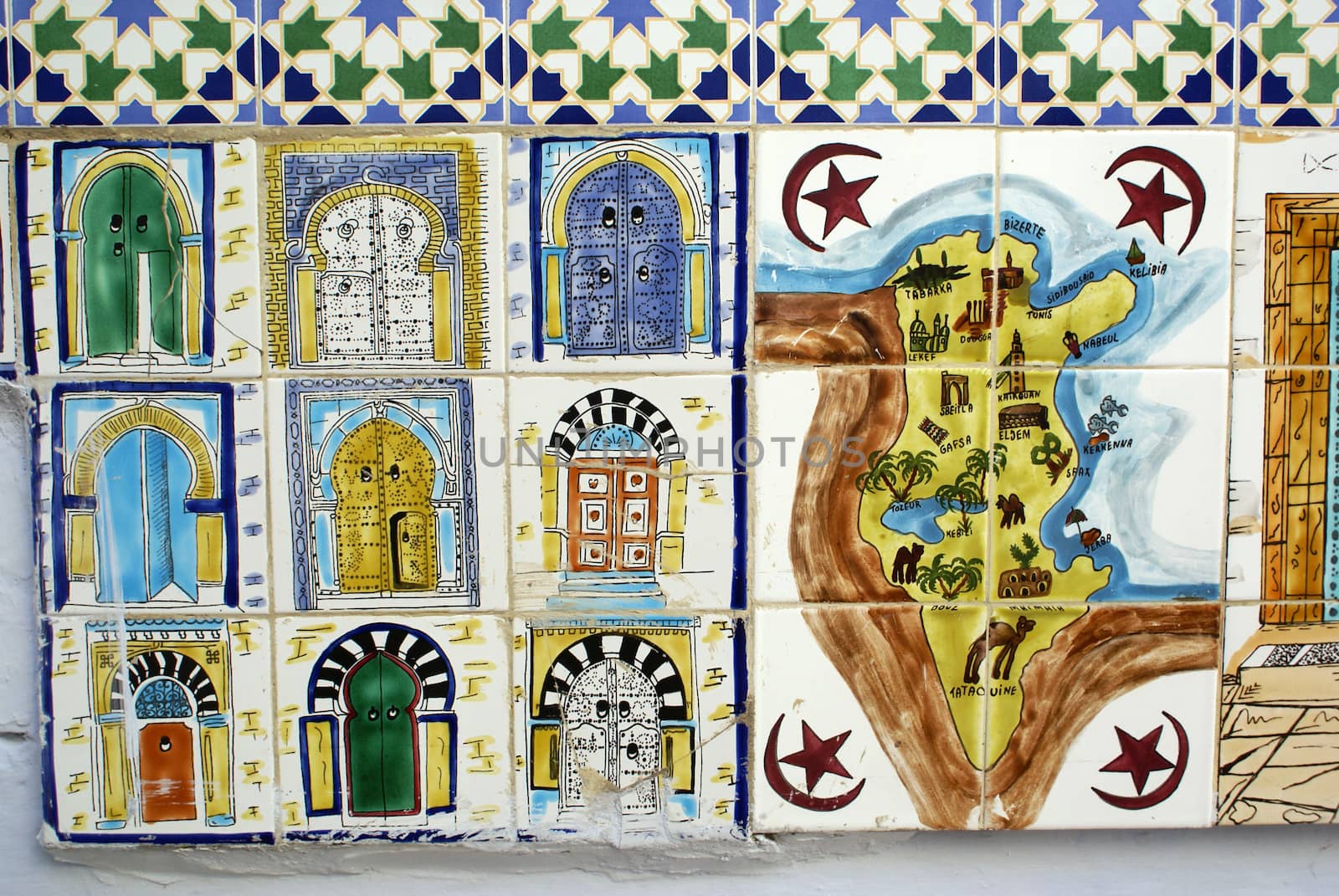 Map of Tunisia and tunisian tile in Sidi Bou Said               