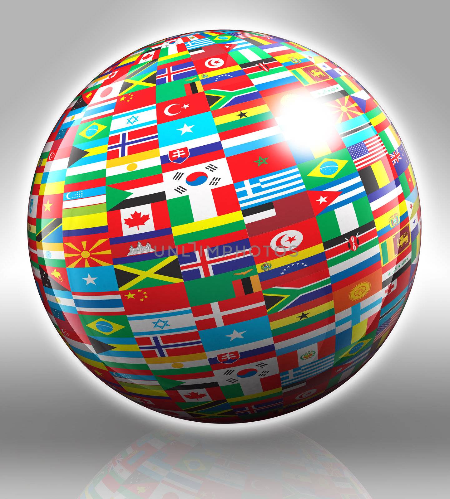 globe with flags with clipping path on grey background