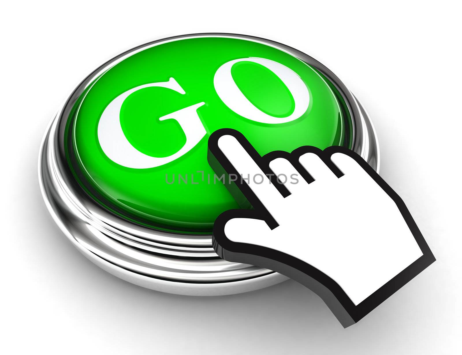 go green button and cursor hand on white background. clipping paths included