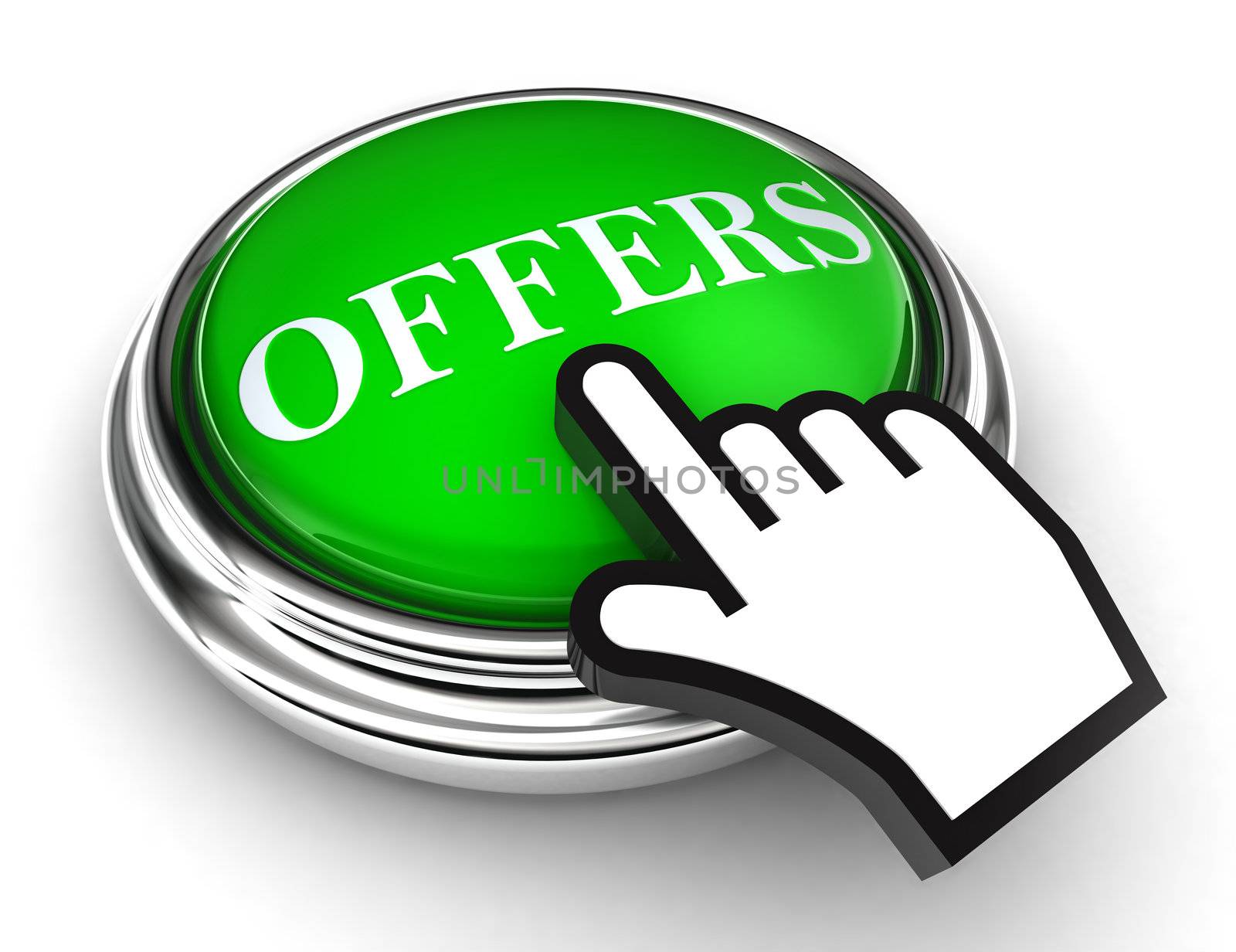 offers green button and cursor hand on white background. clipping paths included