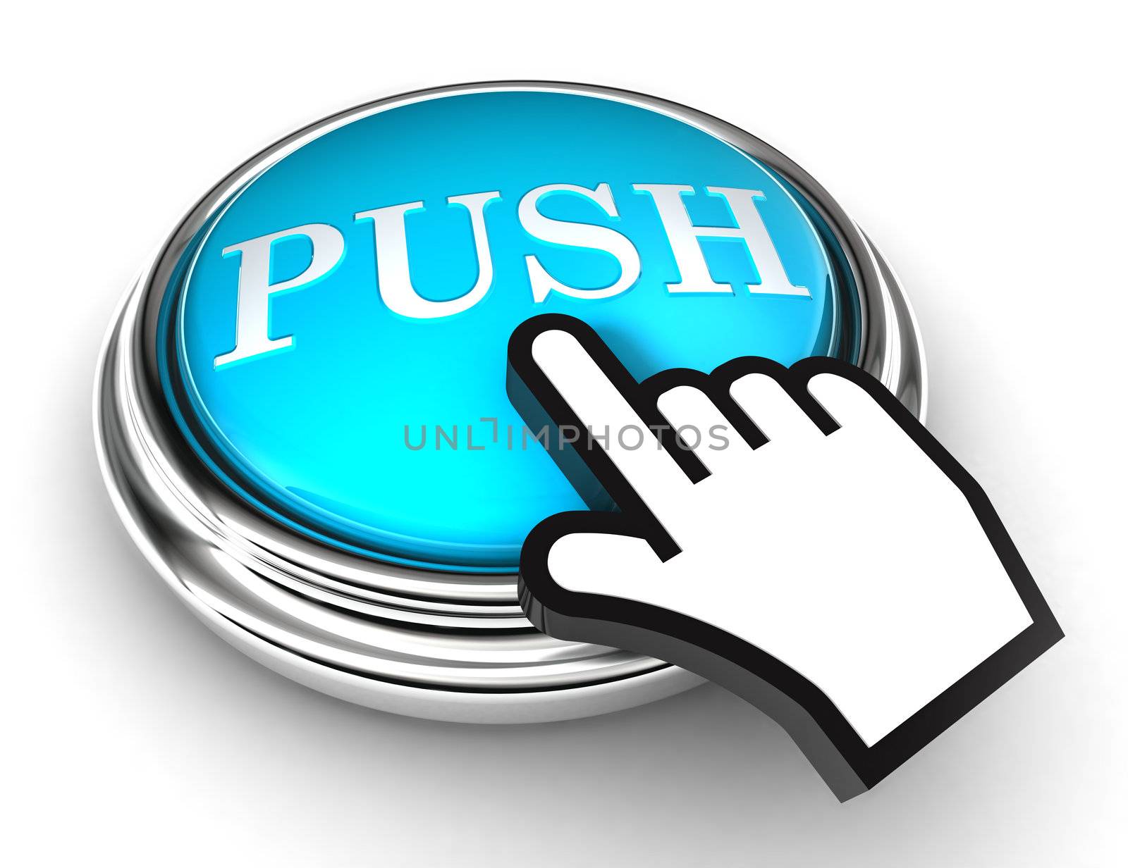 push blue button and cursor hand on white background. clipping paths included