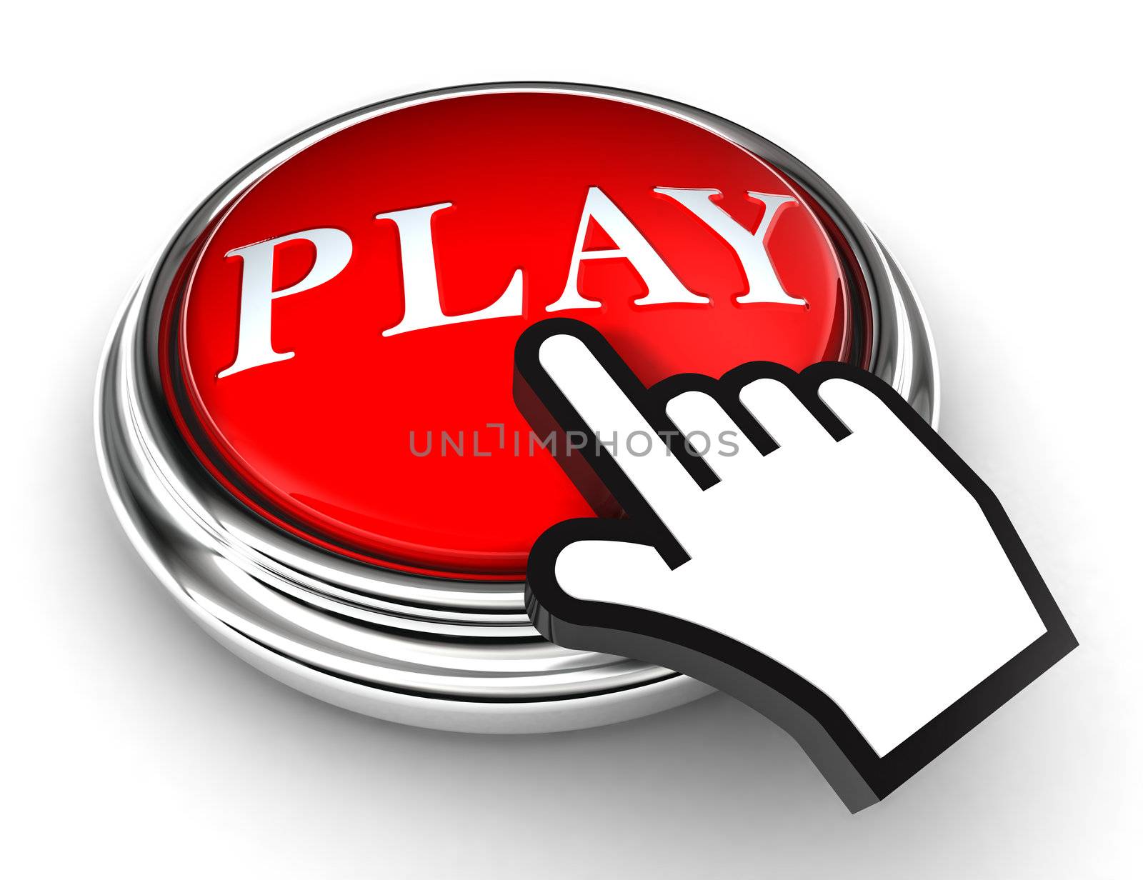 play red button and cursor hand on white background. clipping paths included