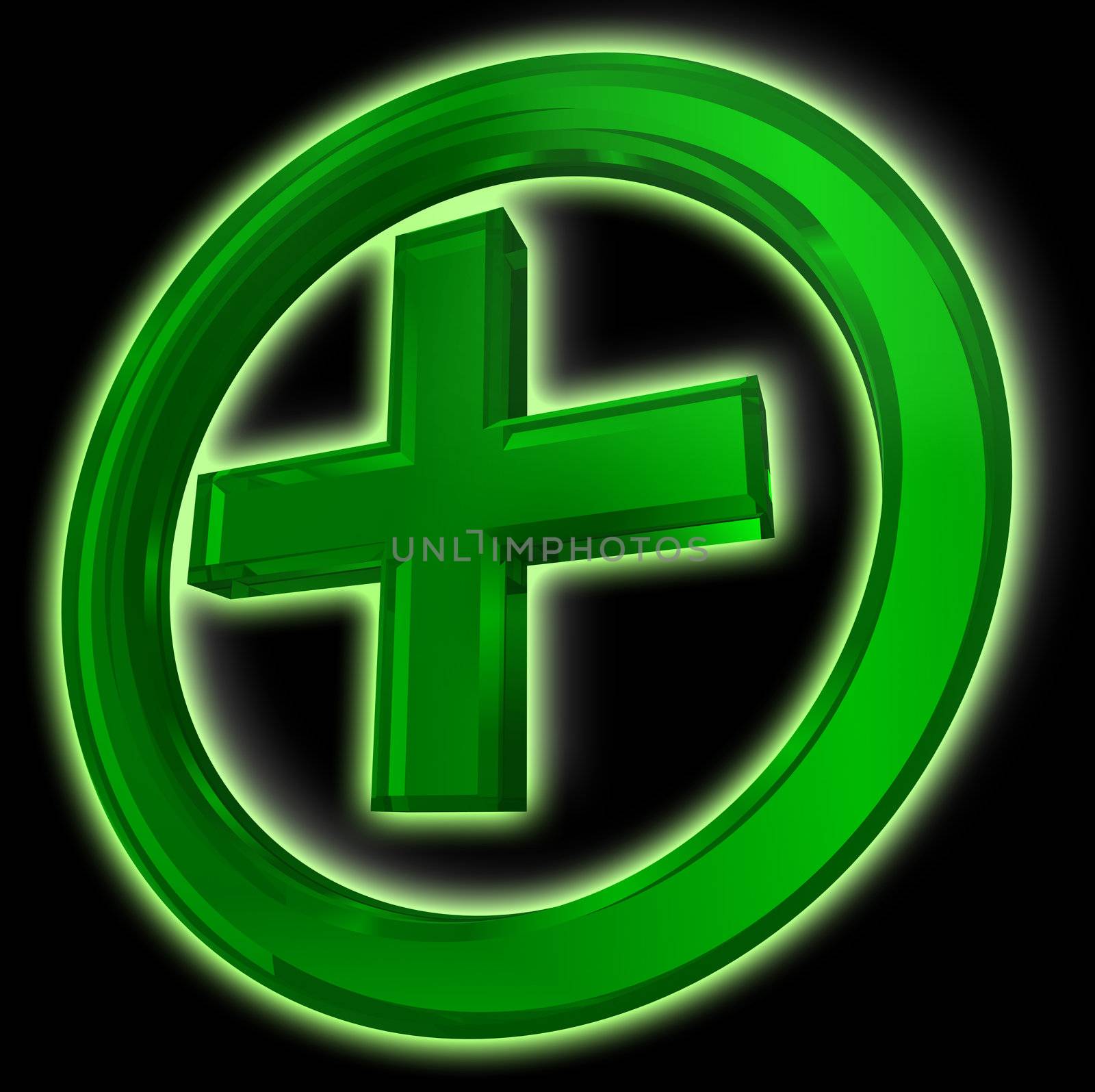 green cross in circle health symbol on black background clipping path included