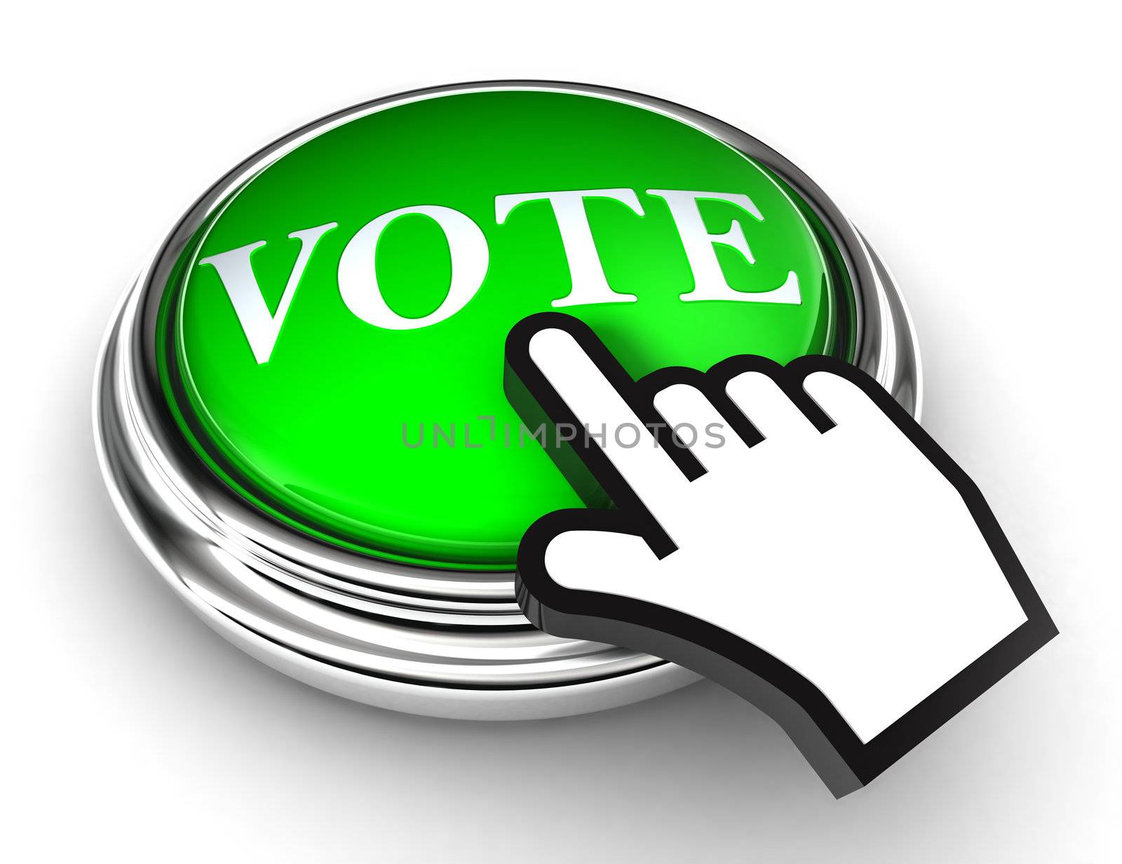 vote green button and cursor hand on white background. clipping paths included