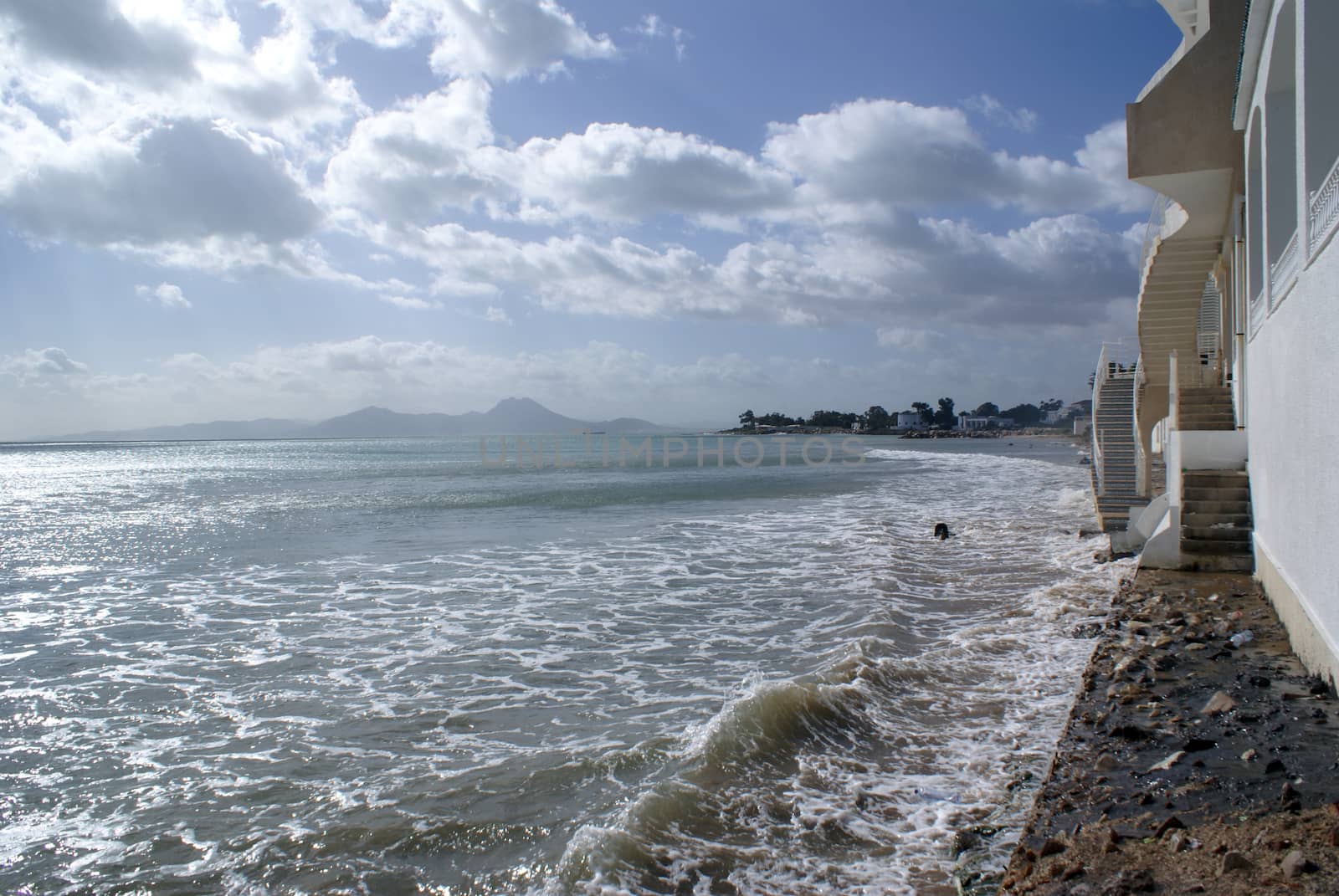 White house on the sea shore in Carthage, Tunisia                