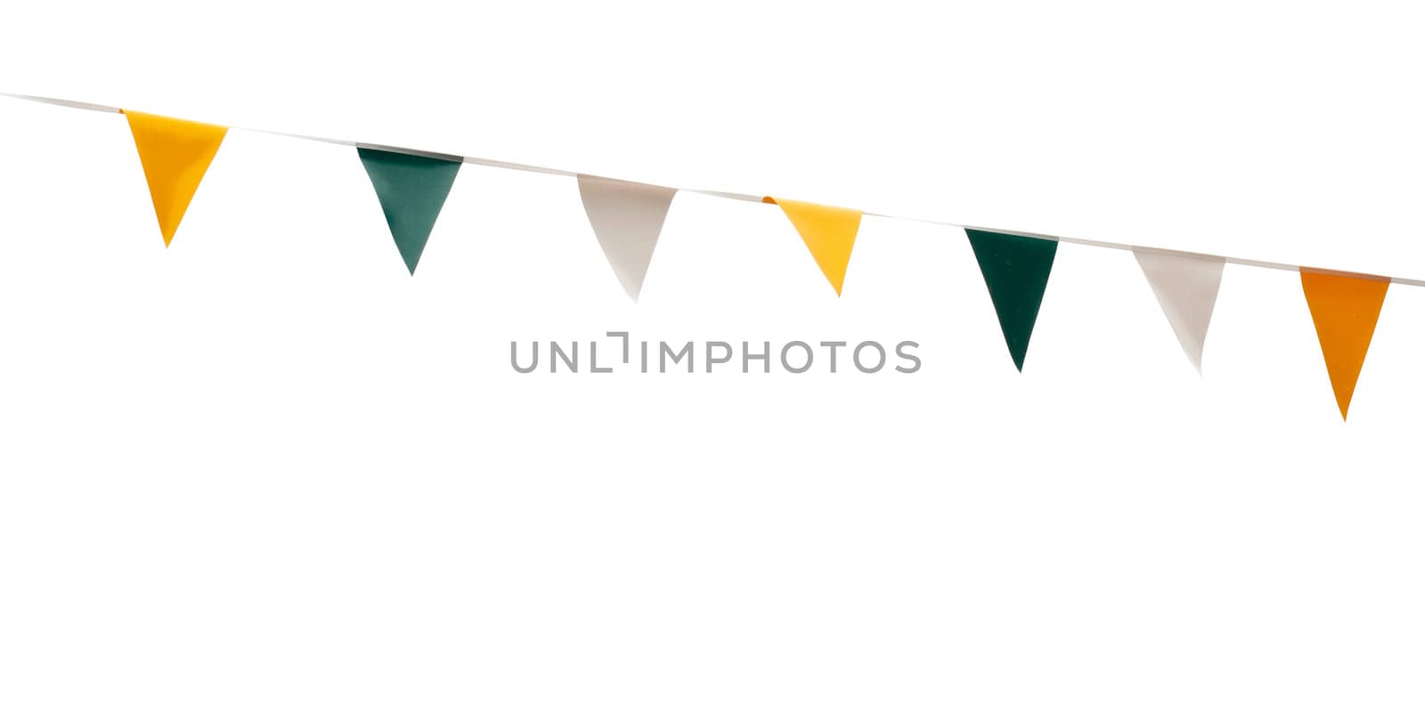 colorful festive green, yellow and white bunting flags (isolated on white background)