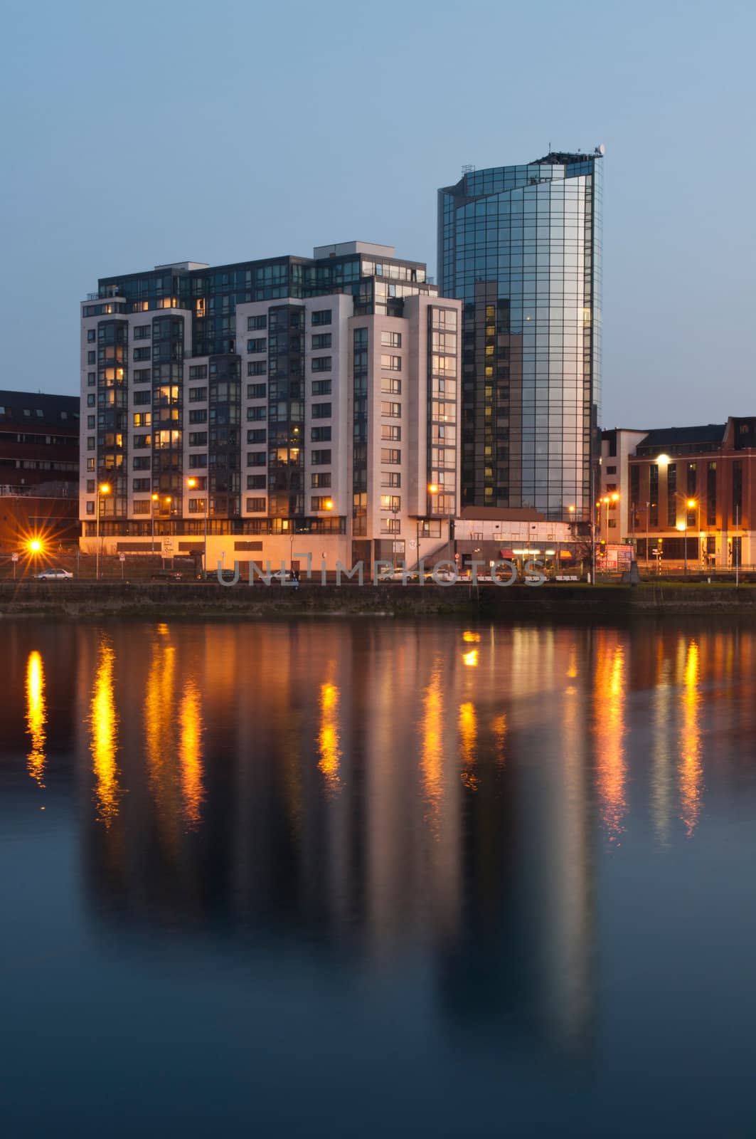 stunning nightscene with Riverpoint buildings over Shannon river in Limerick, Ireland (picture taken after sunset)