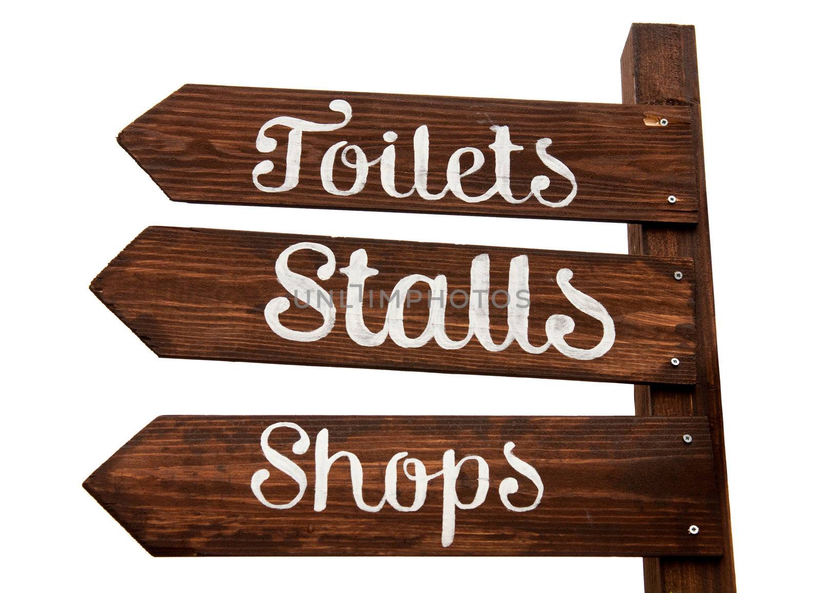 wooden signage indicating toilets, stalls and shopping area (isolated on white background)