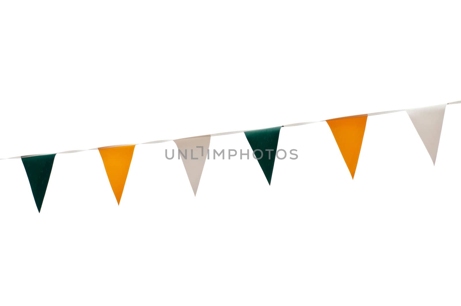 colorful festive green, yellow and white bunting flags (isolated on white background)