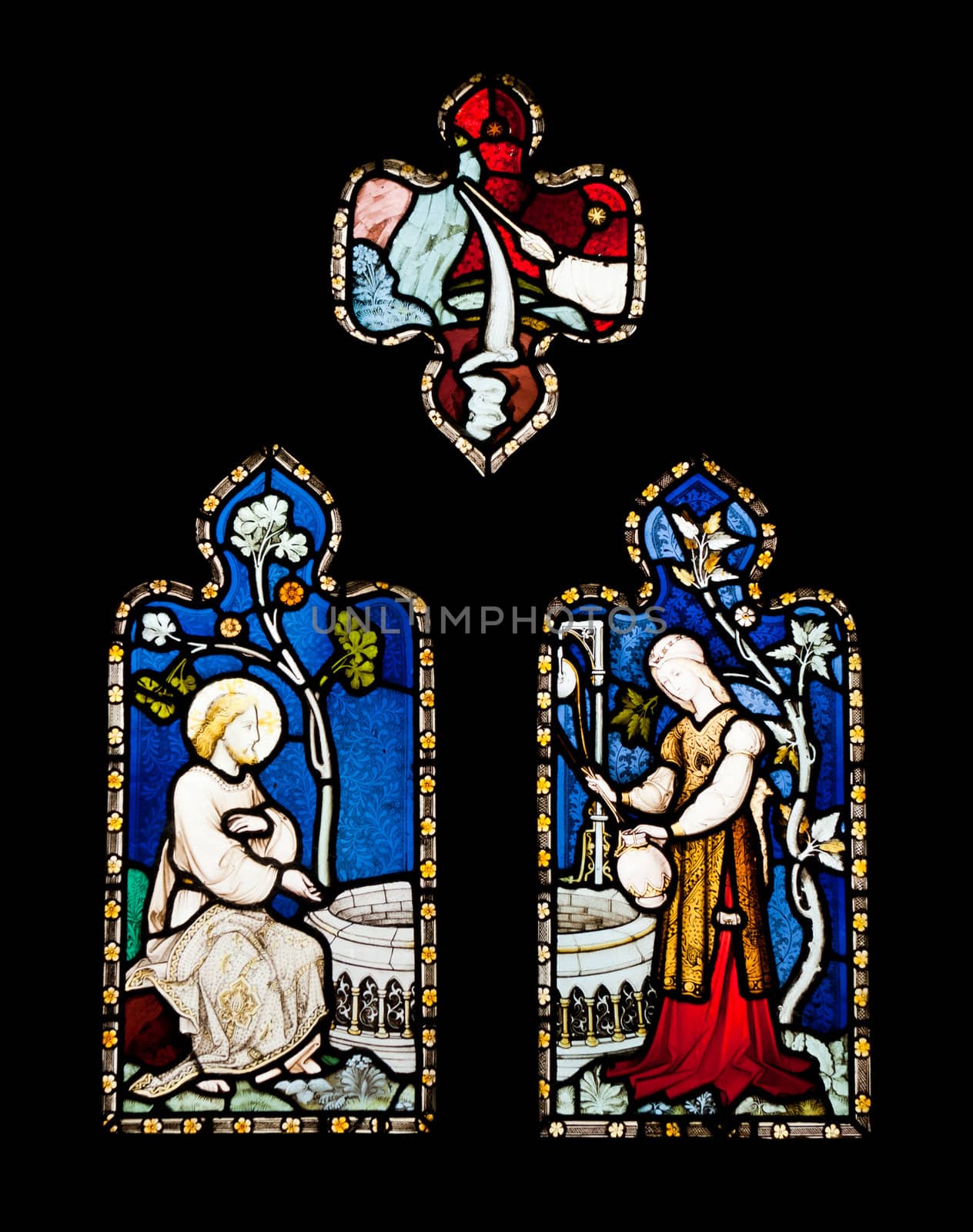 religious stained glass windows in Gloucester Cathedral, England (United Kingdom) (isolated on black background)