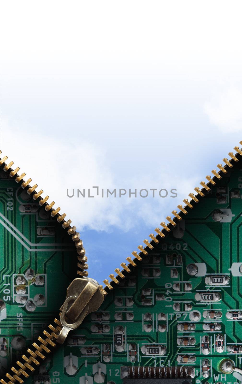 Ecology concept. Open metal zipper on motherboard against blue sky. Clipping path is included