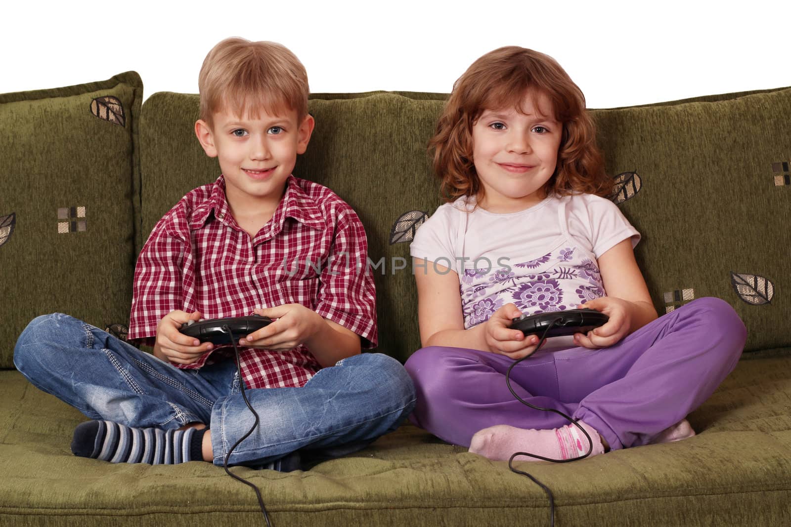 boy and little girl play video game by goce
