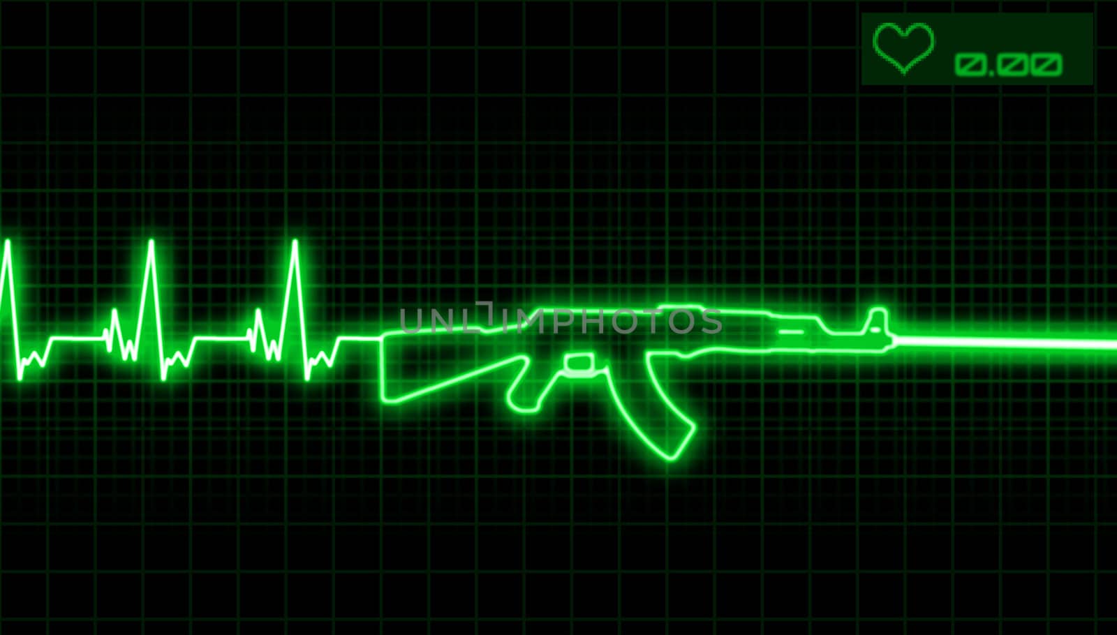 illustration of the heartbeat and automatic rifle