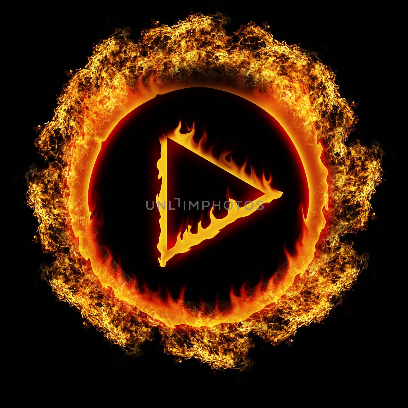 open fire burning play button illustration on black