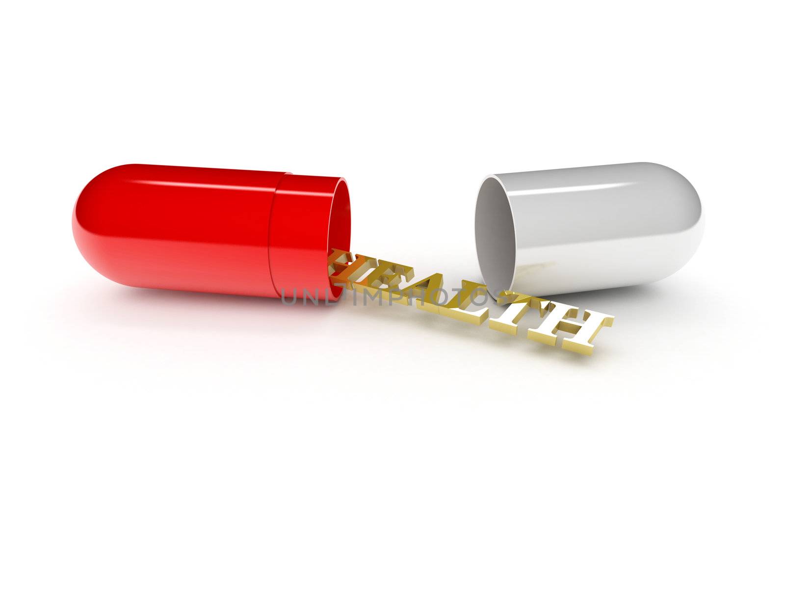 one open pill with the word: health (3d render)
