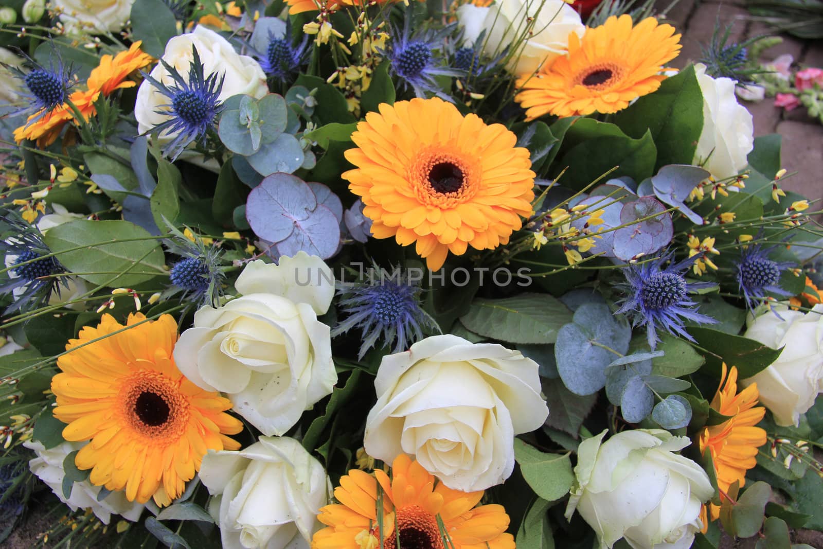 Yellow and white flower arrangement, yellow gerberas and white roses