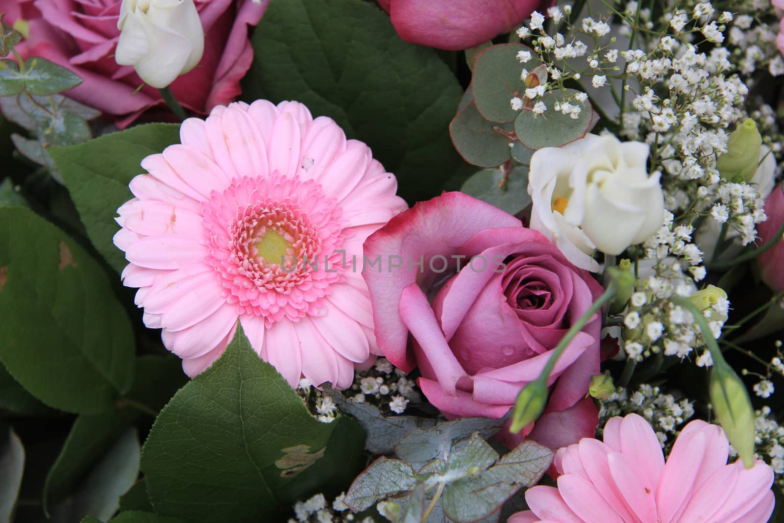 pink rose and gerbera in a pink and white flower arrangement