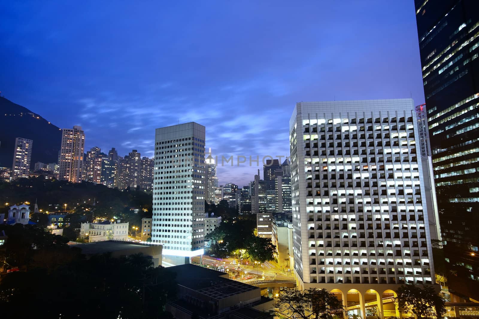 office building at night in hong kong 