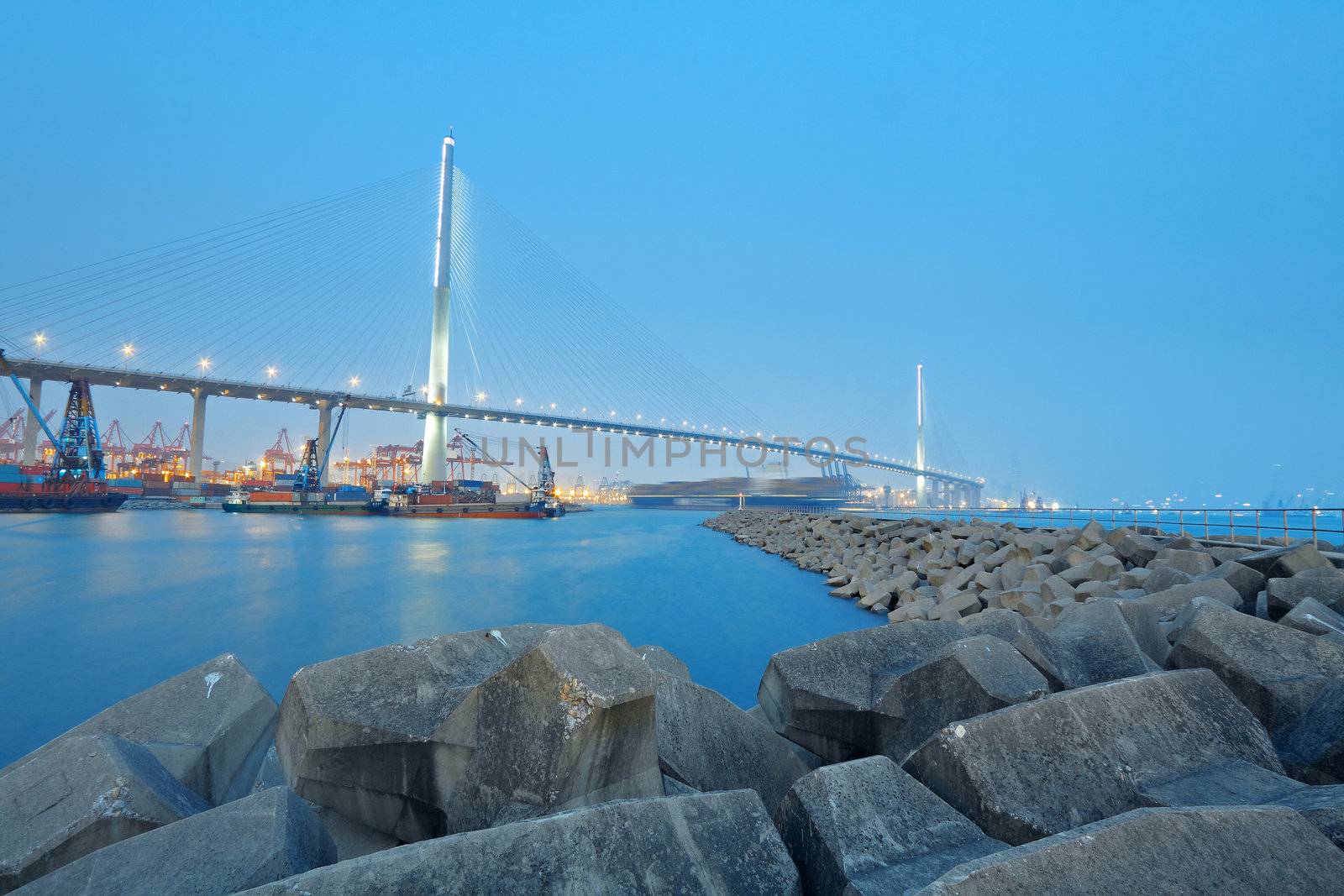container terminal and stonecutter bridge in Hong Kong 