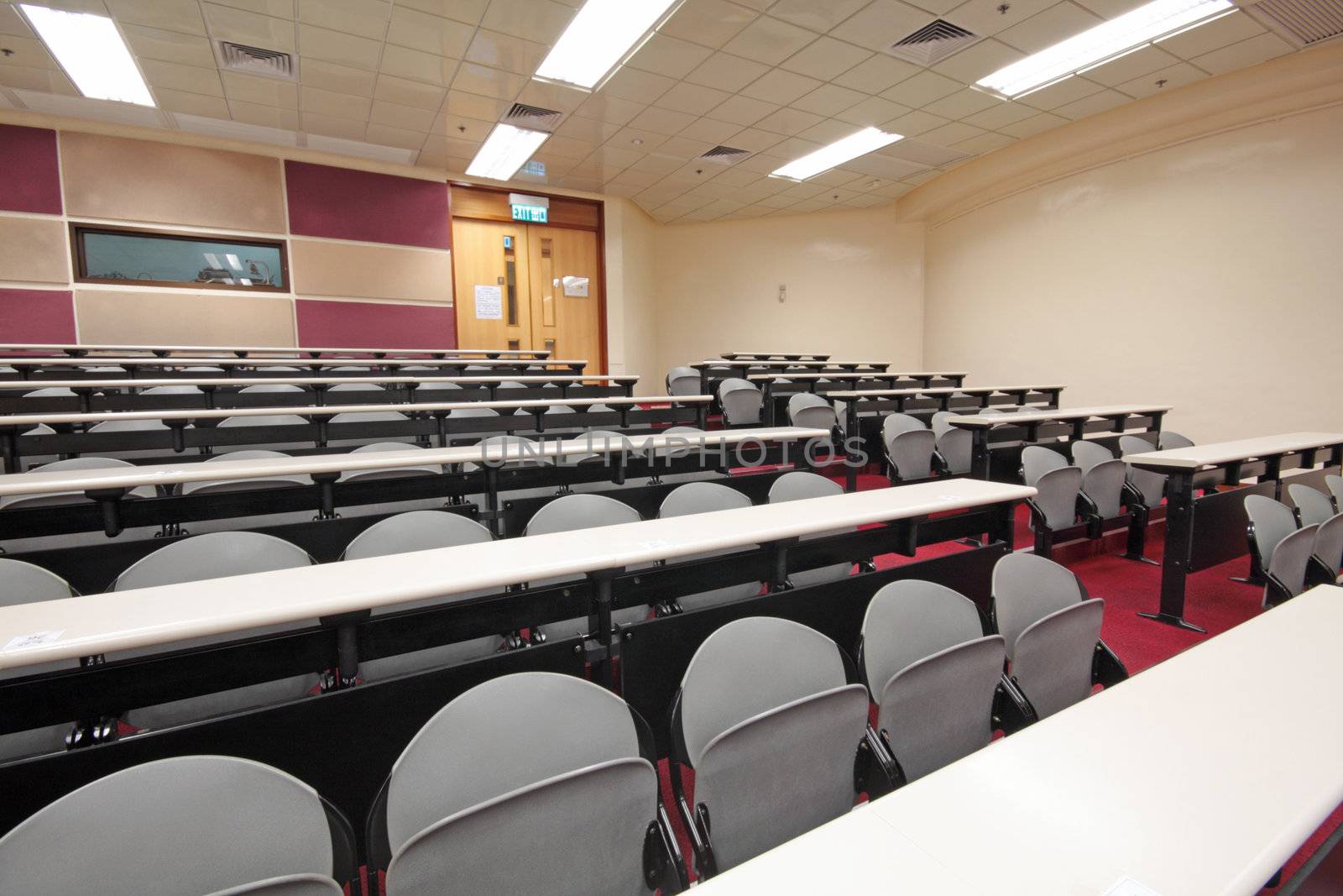Empty hall for presentation with grey armchairs 