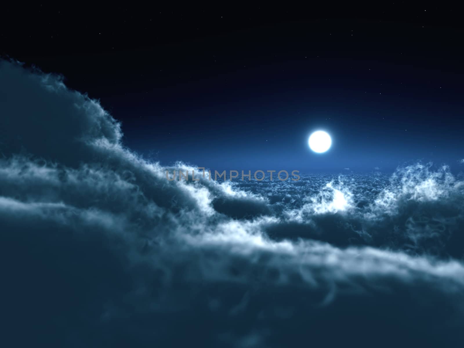 Shone circle of the moon in darkness on a background of the star sky and clouds