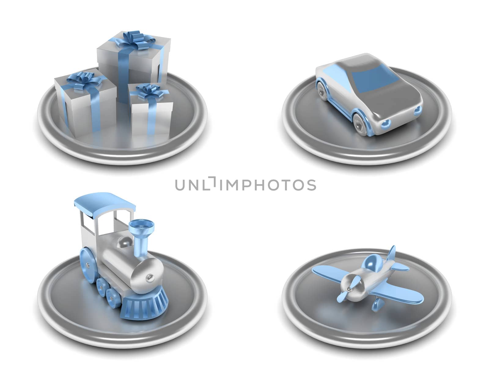 complete set of icons on an fun theme with the image of the gifts and toys in blue and silver color