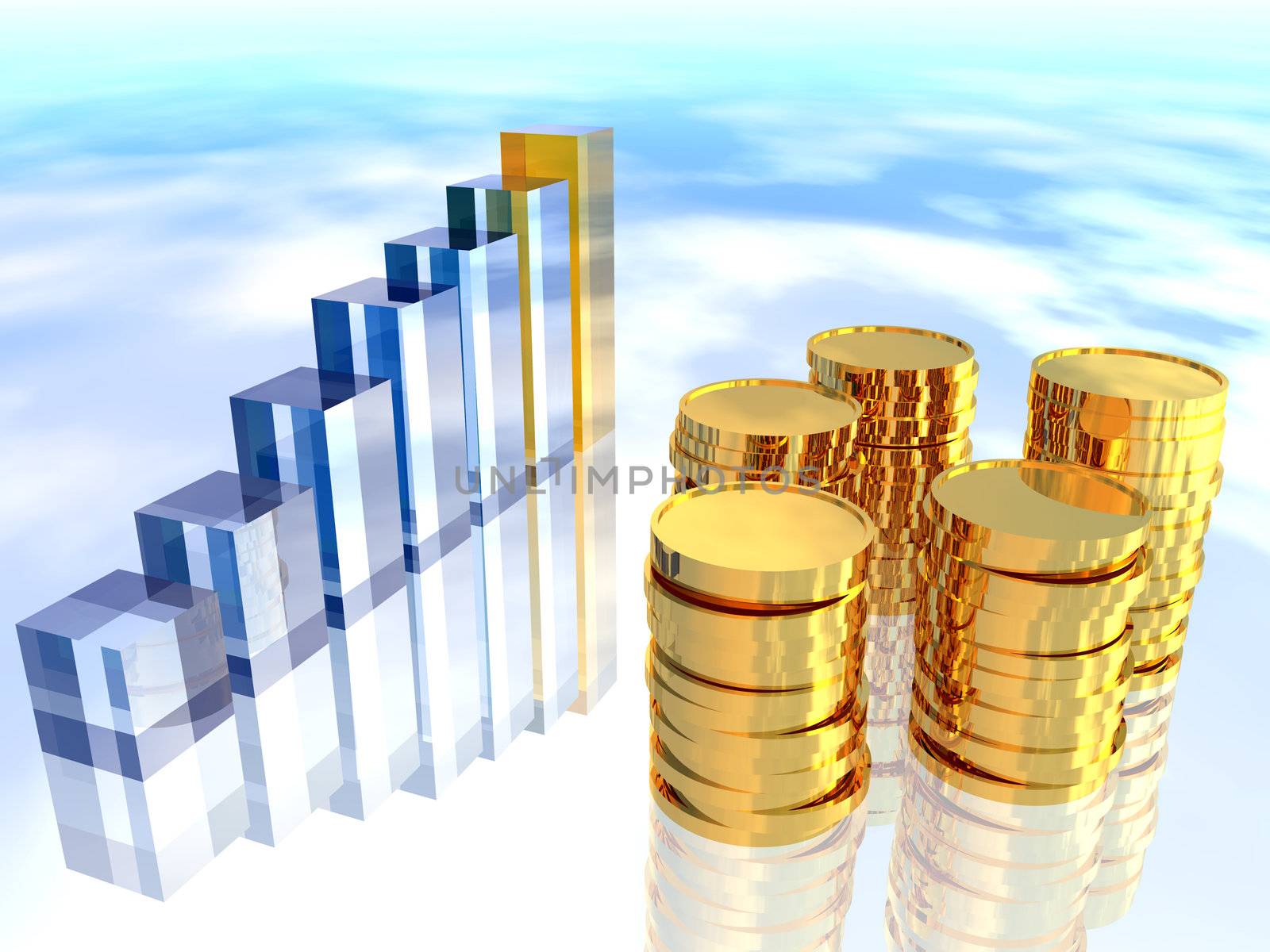 diagram and coins of gold color on a cloudy background