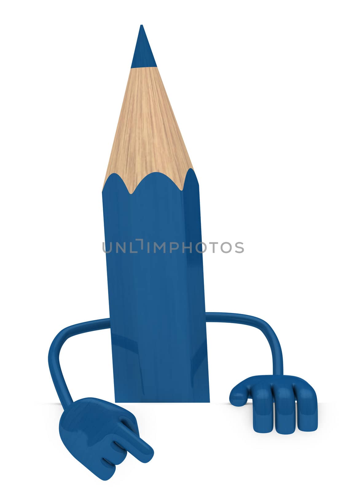 big blue pencil pointed finger behind wall