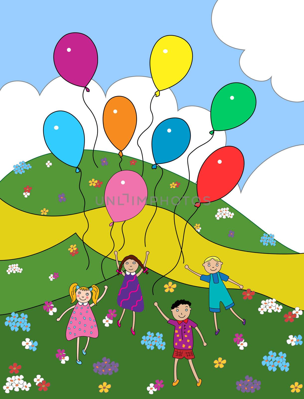 children play with balloons outdoors among the flowers