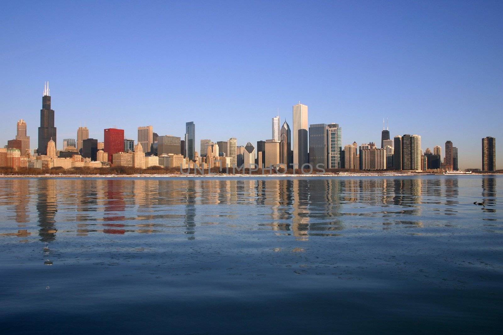 The Chicago skyline at by day, photographed from the Planetarium across the frozen surface of Lake Michigan.