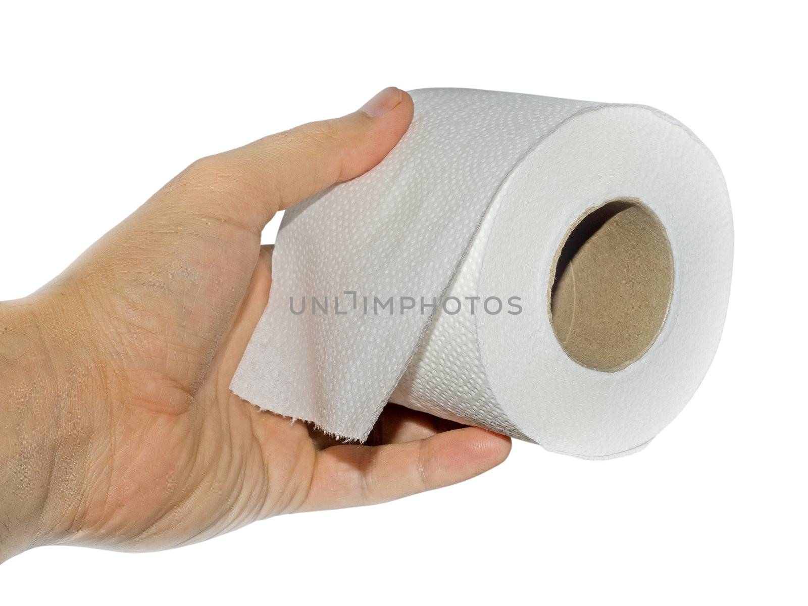 Toilet paper in hand isolated on a white background with clipping path