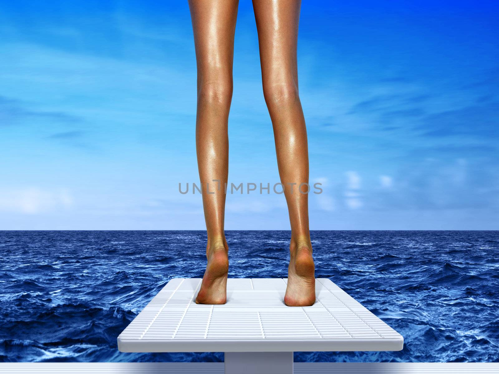 beautiful legs of woman on white springboard, resort