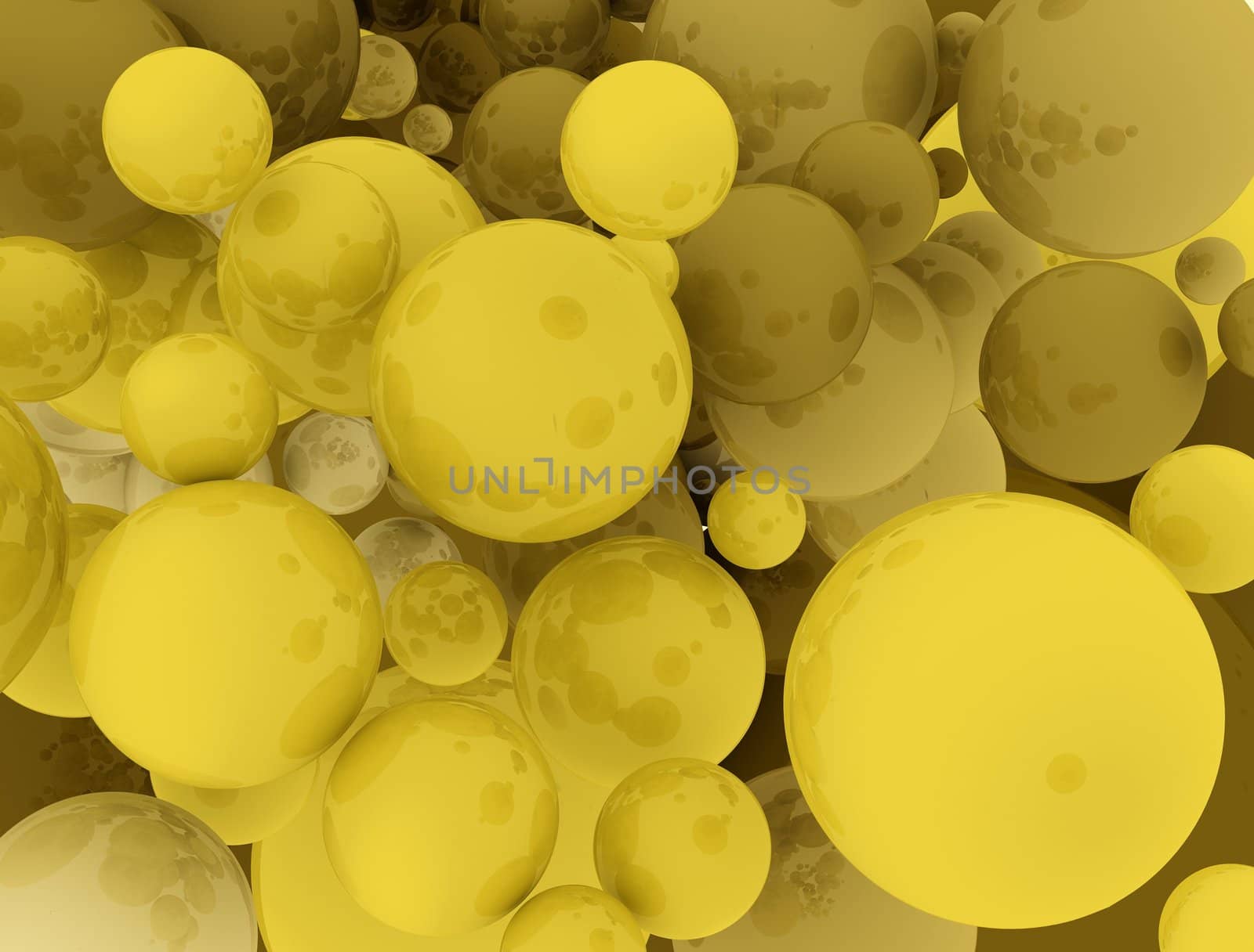 Conceptual abstract background consisting of spheres fulfilling whole area of view. Concept is rendered with slight reflections and spheres are portrayed in various sizes and golden color variations.