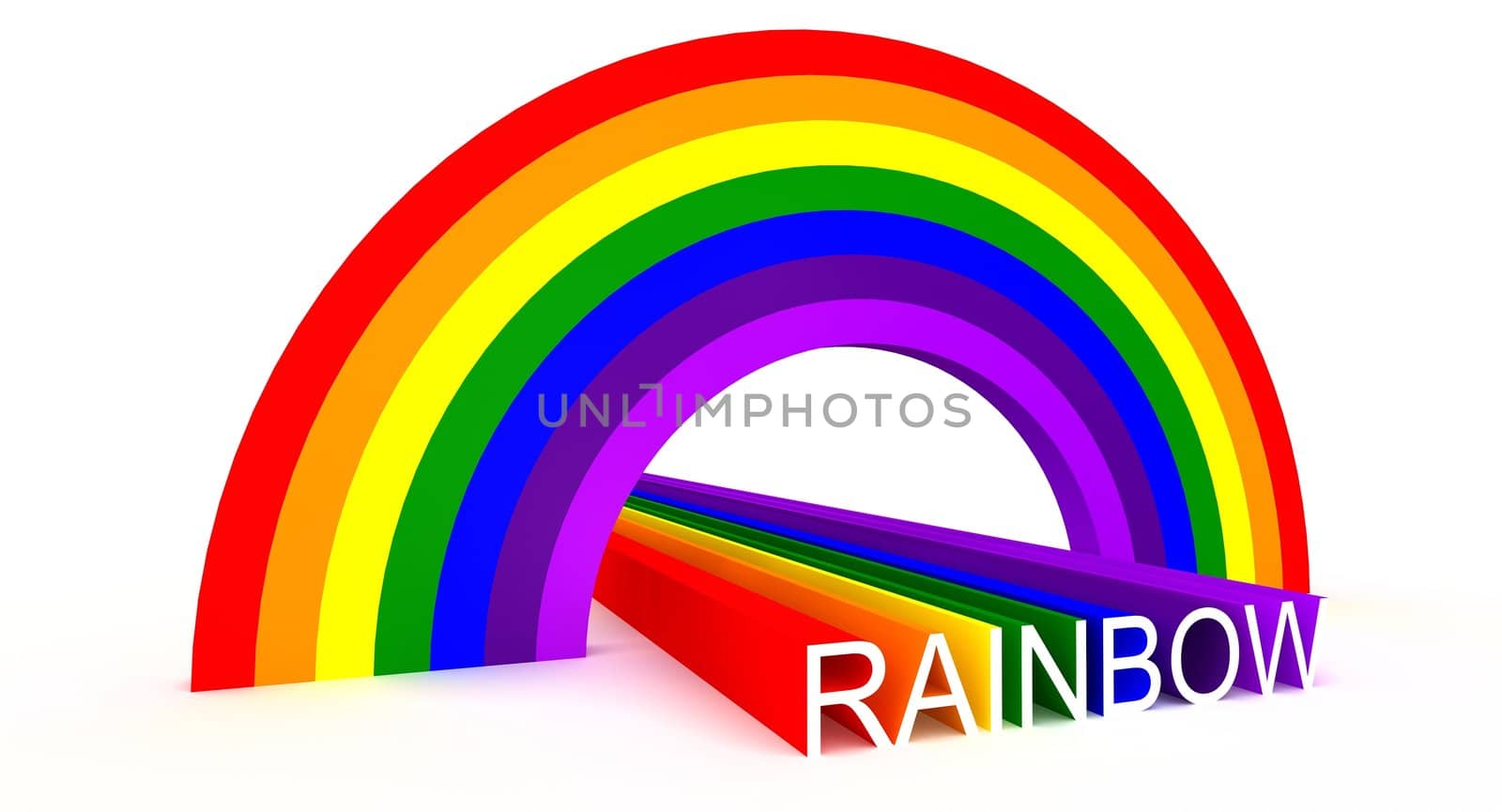 Educative concept showing rainbow colors in an intuitive and imaginative way with addition of correct English spelling of Rainbow word. Idea of illustration is portrayed by arc consisting of seven basic rainbow colors. Red, orange, yellow, green, blue, indigo and violet. Scene rendered and isolated on white background.