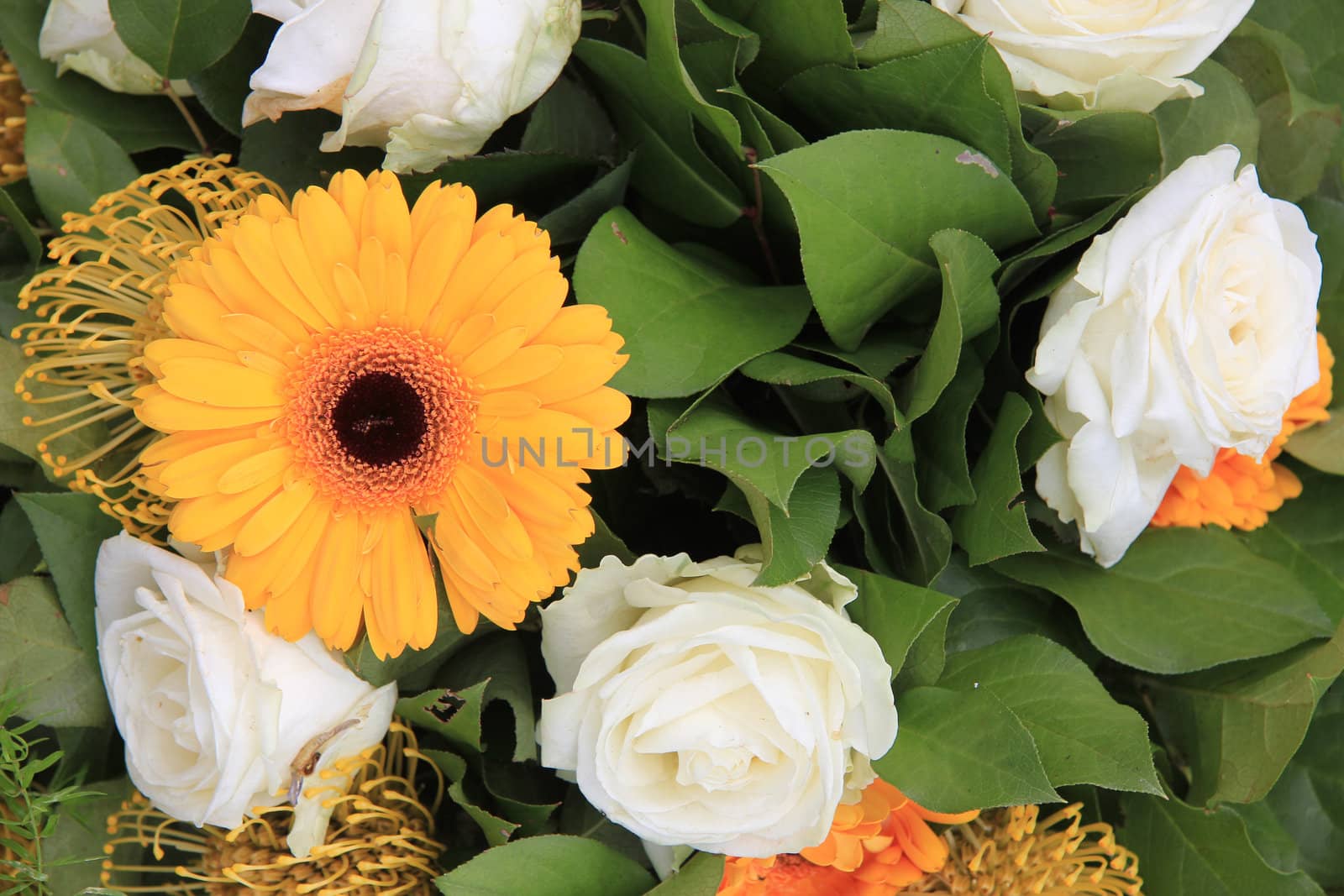 Yellow and white flower arrangement, yellow gerberas and white roses