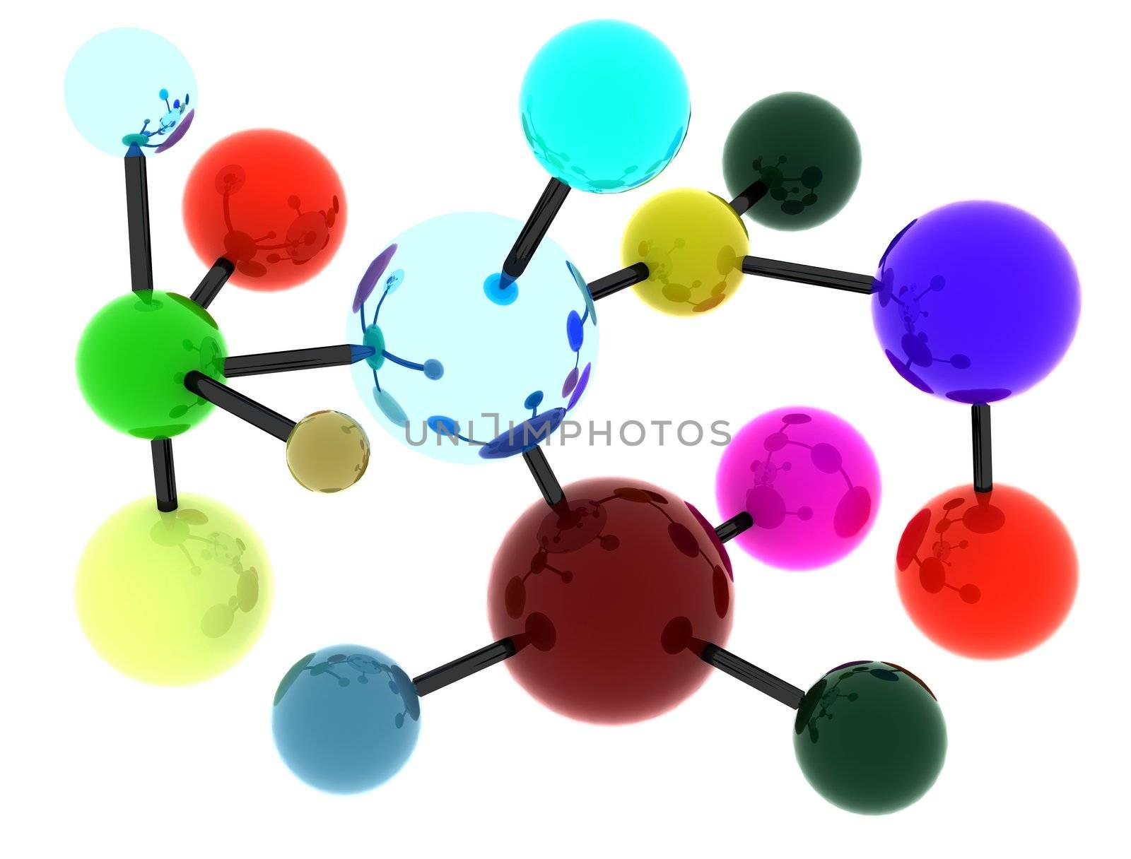 Concept of abstract molecular structure portrayed by slightly reflective spheres in bright colors interconnected by black cylinders forming linkage. Scene rendered and isolated on white background.