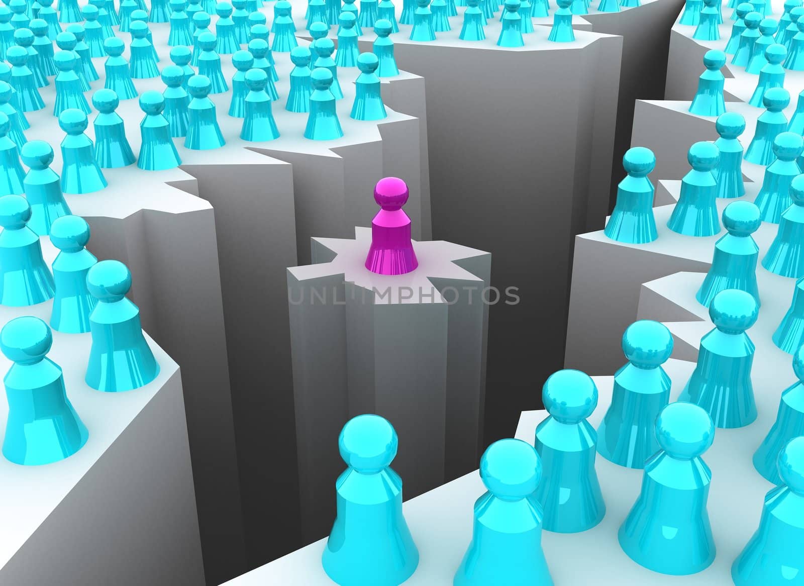 Concept of social isolation shown by isolated pink pawn left alone on small cracked ground near mouth of endless abyss. Absolute isolation is emphasized by crowds of blue pawns standing on safe sides of abyss separated by massive crack in the ground. Scene rendered on white background with slight reflection on pawns.