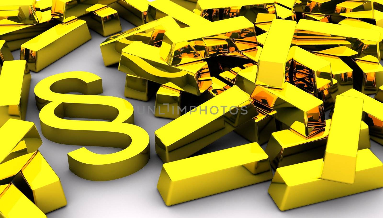 Concept of highly valuable or very expensive legal advice. Idea is illustrated by golden paragraph symbol placed between a lot of golden bars. Scene rendered on white background.