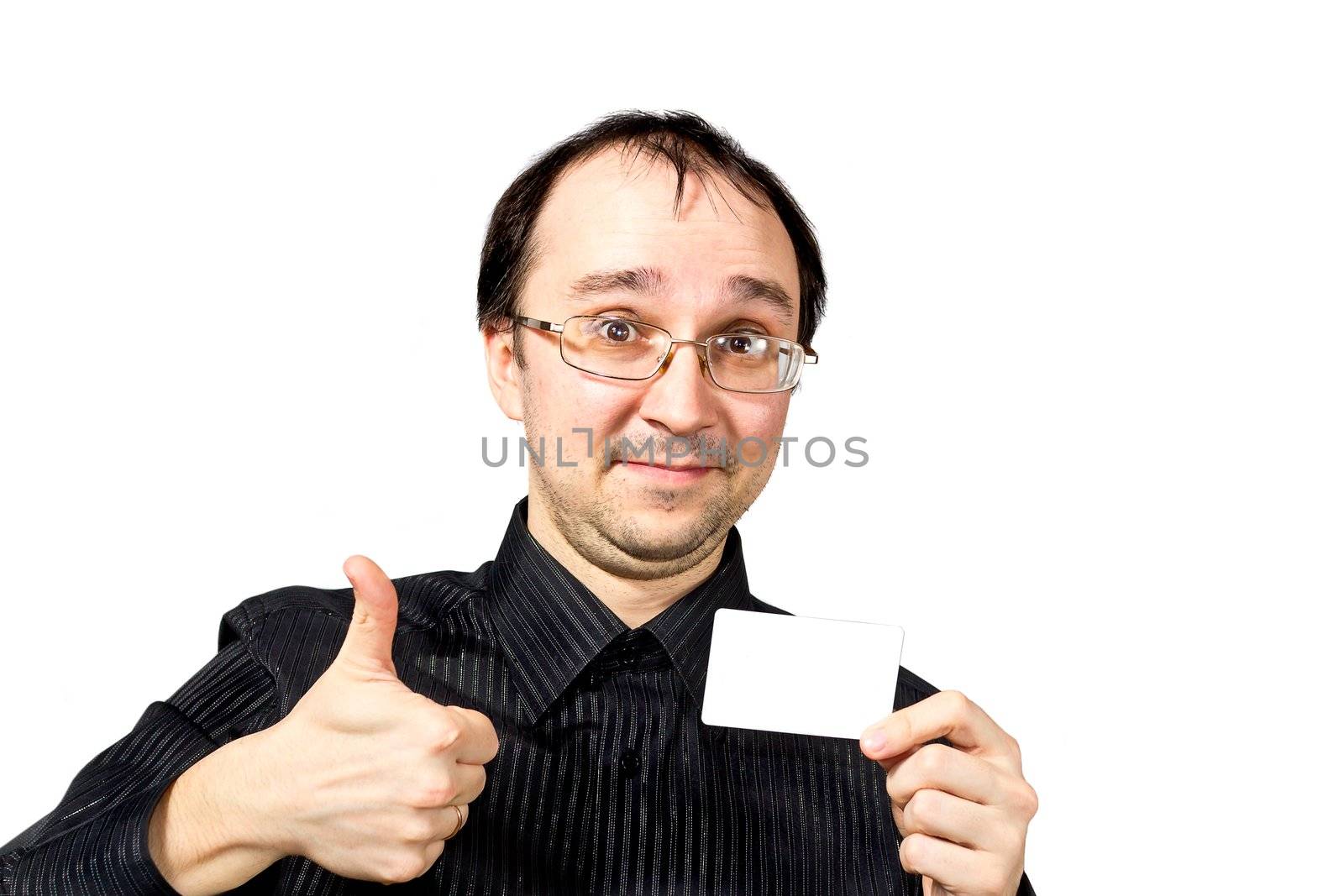 Solid men in black shirt recommends a businesscard isolated
