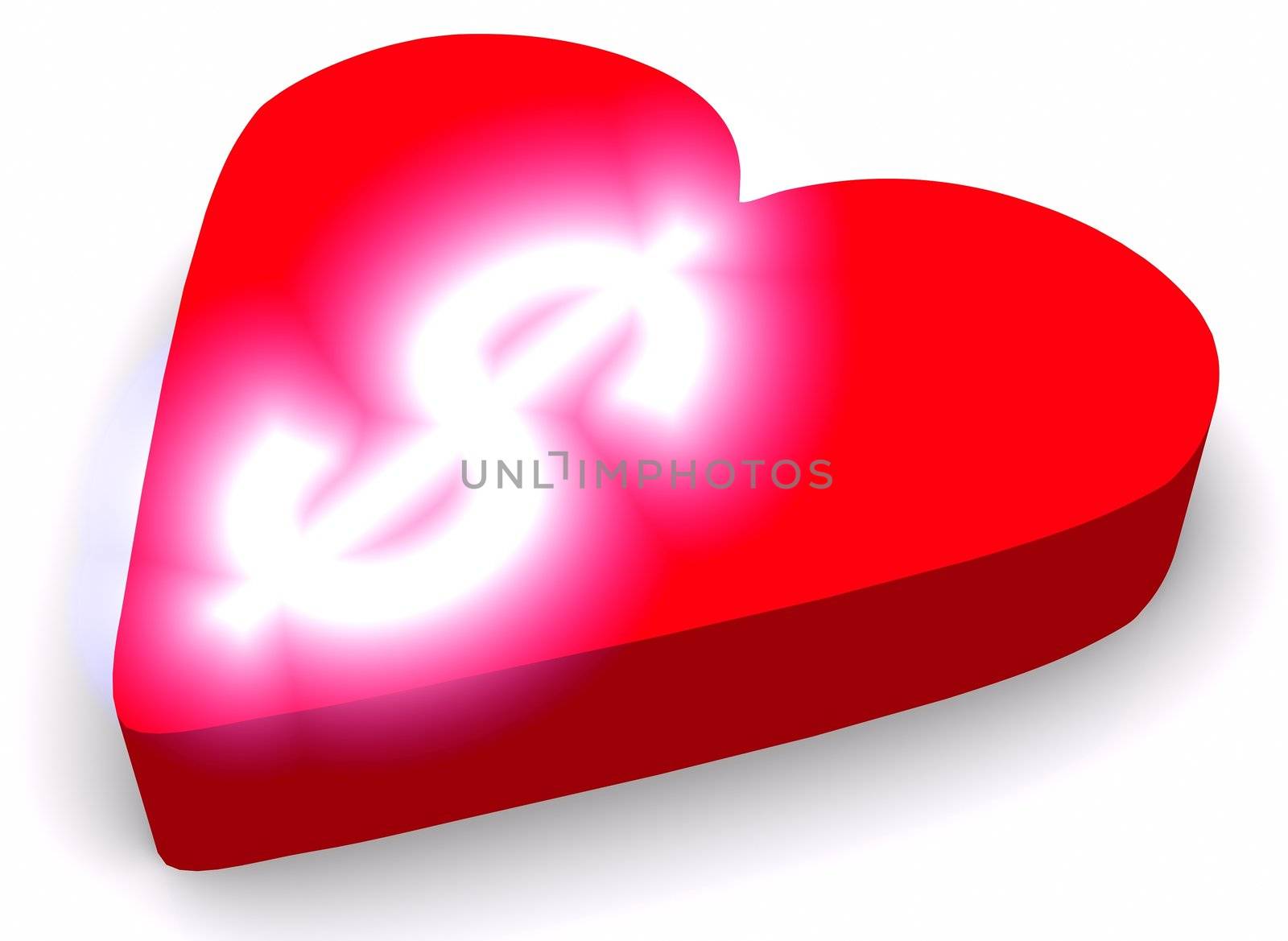 Concept of love for dollars or money generally. Idea is portrayed by white intensively glowing dollar rendered on the top of red heart. Scene rendered and isolated on white background.